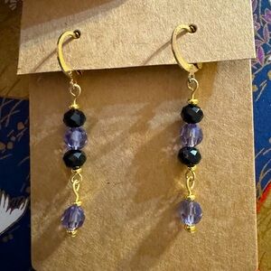 New Hand Crafted Double Dangle Earrings in Black & Tanzanite Swarovski Crystals